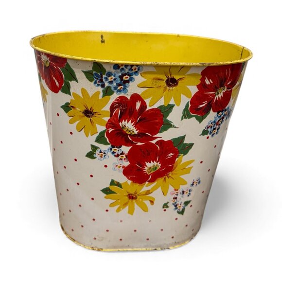 1950's Retro N.C. Color Ware Yellow & White Floral Metal Waste Bin - Picture 7 of 17